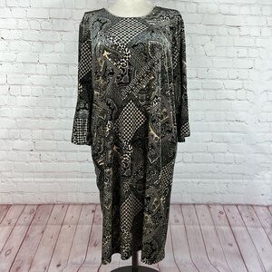 Serengeti Black Tan Paisley Plaid Bell Sleeve Sheath Midi Dress Size 3X